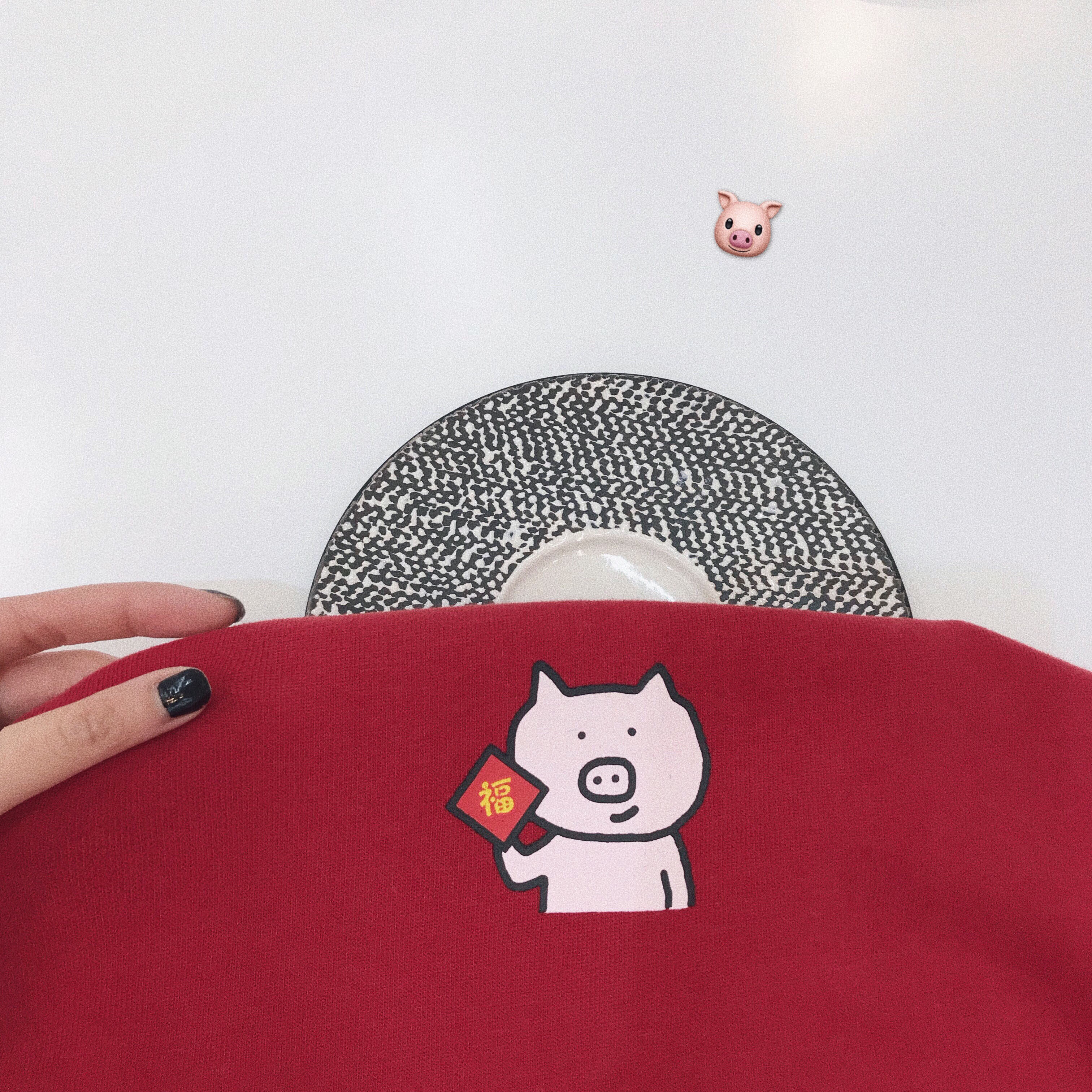Dameng New Year's carnival price Blessed and rich pig girl~ Retro round neck printed pig short-sleeved T-shirt top