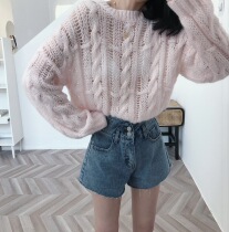 Cute spring and summer new date big battle Small sexy cutout through mohair soft waxy sweater top