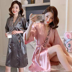 Ice Silk Nightgown ຂອງແມ່ຍິງ Summer Sexy Nightgown Ice Silk Lace Spring and Autumn Long Sleeve Lace-up Bathrobe Women's Bathrobe Single Piece