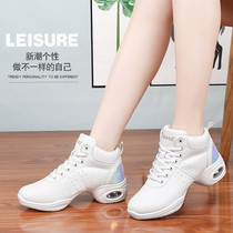 Modern dance shoes leather jazz shoes soft-soled mid-heel square dance shoes autumn and winter sailor high-top women white dance shoes