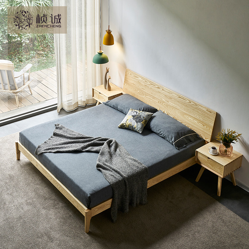 Double Bed Main Sleeper wedding bed Nordic log bed 1 8 m 1 5 modern minimalist white wax wood large plate Japanese style solid wood bed-Taobao