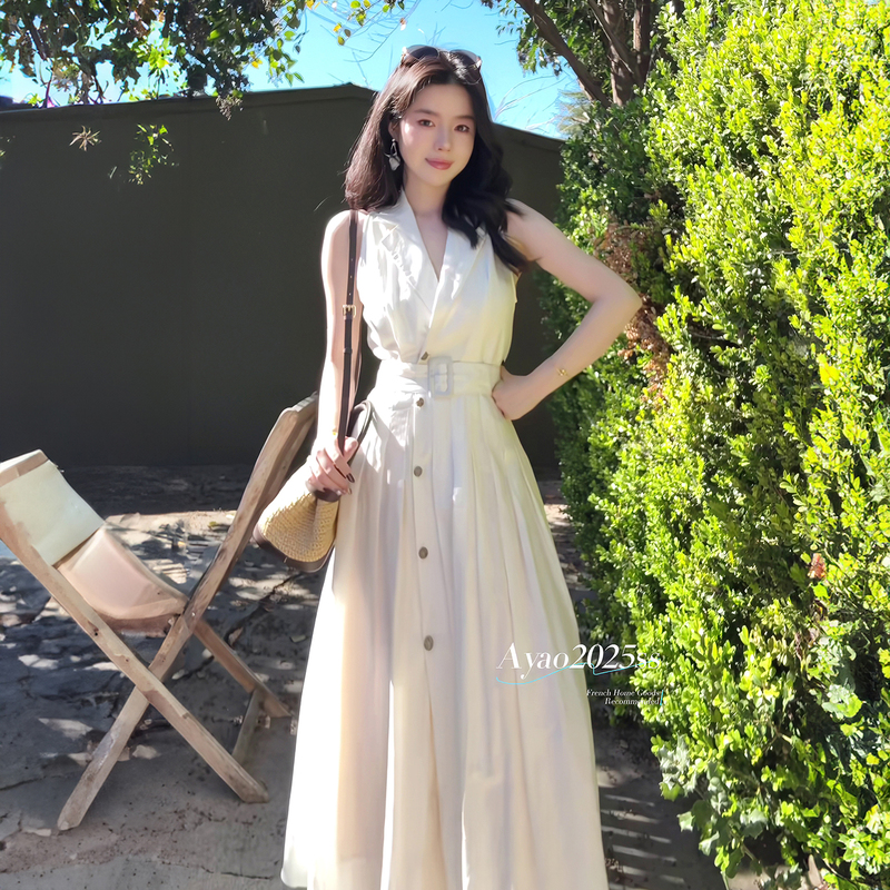 French-Style White Long Linen Tank Dress for Women 2026 New Polo Collar Sleeveless Shirt Dress with Waist-Cinching Long Skirt French-Style White Long Linen Tank Dress for Women 2026 New Polo Collar Sleeveless Shirt Dress with Waist-Cinching Long Skirt