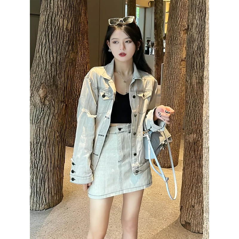 Hong Kong Style Korean Retro Hot Girl Pink Mist Gray Denim Suit for Women 2026 Autumn Fashion Shorts Two-Piece Set Trendy