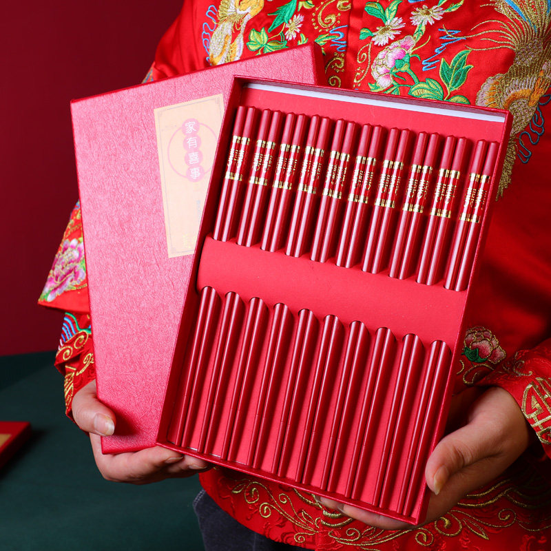 Red festive chopsticks wedding supplies high-grade non-slip alloy chopsticks festive housewarming dragon and phoenix chopsticks home wedding