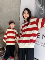 Korean style mother-child mother-daughter clothing striped hooded sweatshirt spring and autumn new contrast color parent-child clothing autumn clothing tops and jackets trendy