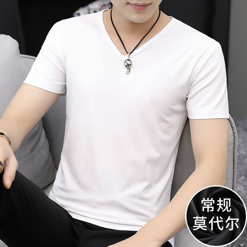 Men's short sleeves T-shirt 2020 Summer new Modale round collar pure color casual ice silk V neckline with half sleeve blouse