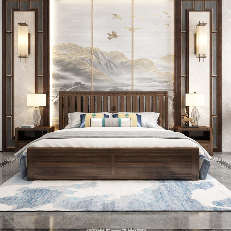 New Chinese style solid wood bed ebony light luxury master bedroom bed double bed high-end luxury villa Chinese style bedroom furniture
