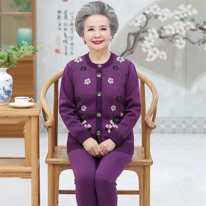 Người già ấm phụ nữ đồ lót 60-70-80 tuổi già cộng với nhung cộng dày cardigan bộ granny bộ dưới hai bộ.