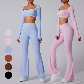 European and american brushed yoga suit women's square collar one-cup top long-sleeved fitness high-waist butt-lifting boot-cut pants wide-leg pants