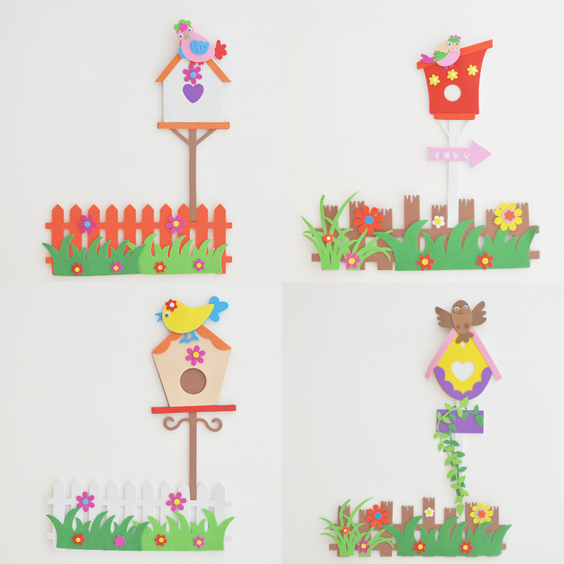 Creative Wall Stickers 3D Solid Decoration Background Wall Small Bird Fence Self-Glued Foam Cartoon Arrangement Nursery Blackboard