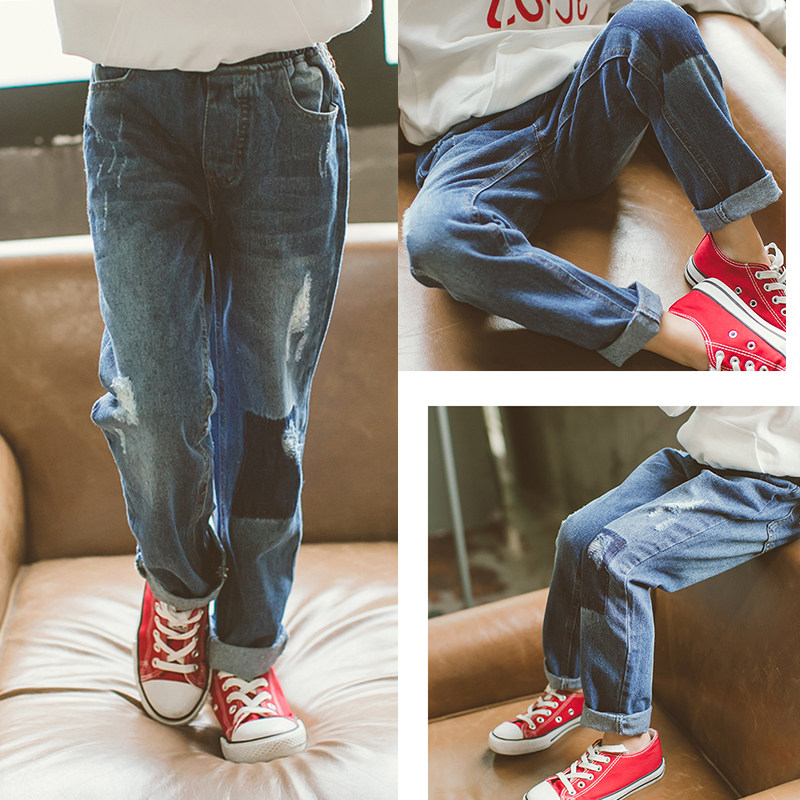 Girls' jeans 2022 new spring and autumn Korean version of the big children's foreign style trousers all-match children's ripped beggar pants trend