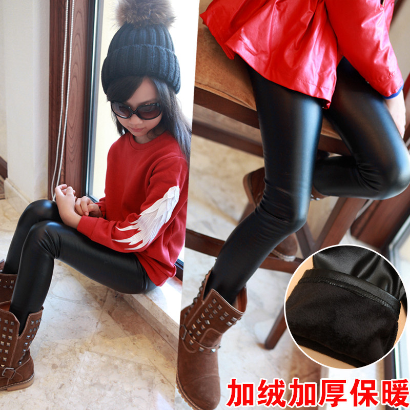Girls' leather pants autumn and winter 2022 new middle and big children's foreign style tight-fitting plus velvet thickened PU leggings pants for outerwear
