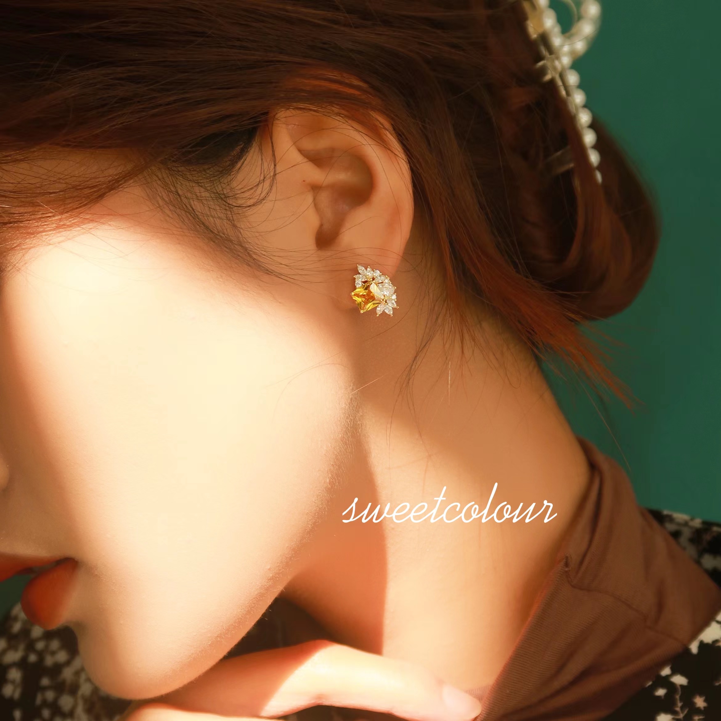 Gentle French retro earrings High carbon diamond yellow diamond sterling silver plated 14k gold earrings Temperament all-match female earrings