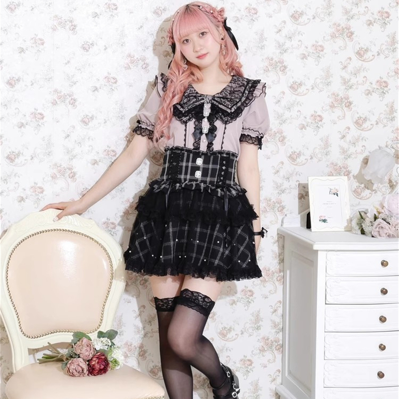 E6-2 Japanese Original New Product Noemi* Sweet and Cute Bow Lace Short-Sleeved Shirt
