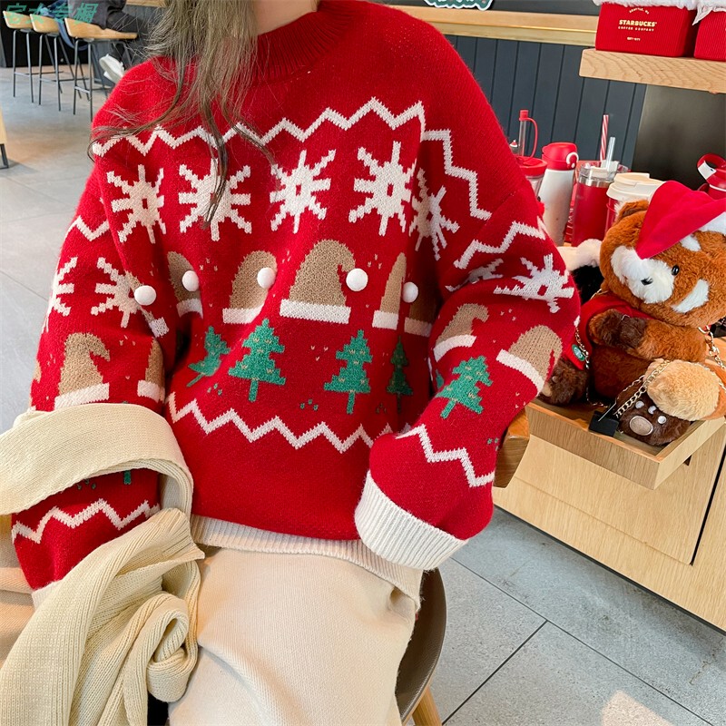 Christmas Red Sweater for Women 2022 New Korean Style Loose Lazy Style Autumn and Winter Thickened Half Turtleneck Knitwear