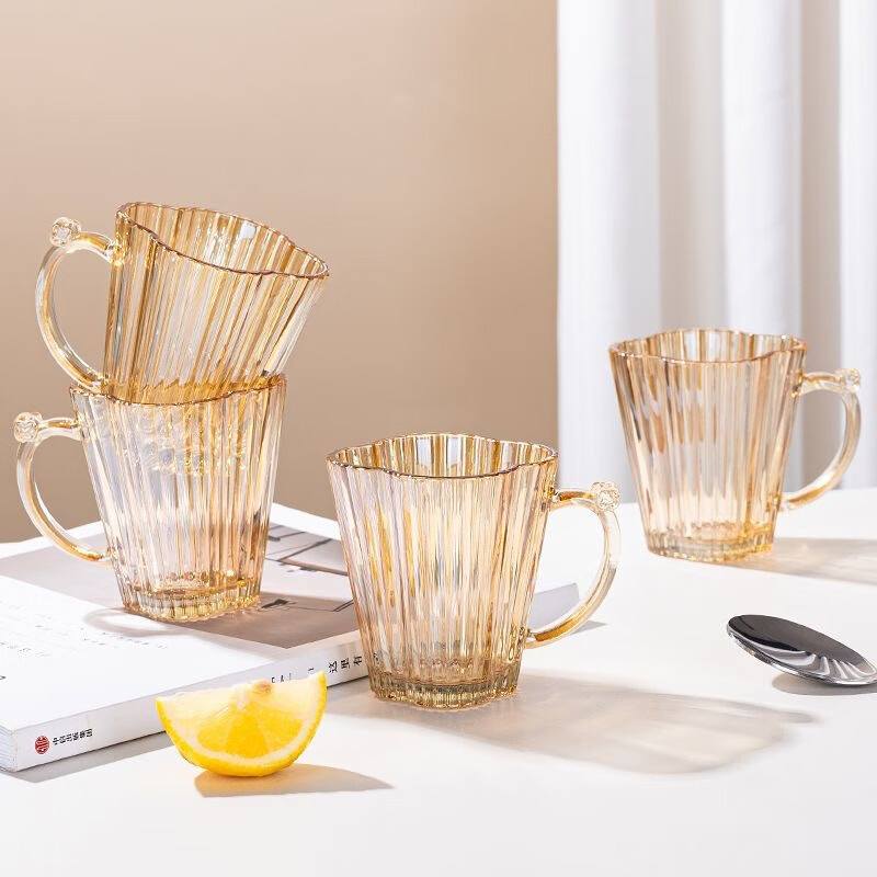 6-Pack Petal-Shaped Glass Water Cups, Amber Color, ins High-Quality Household Vertical-Striped Plum Blossom Glass Cups with Handles1