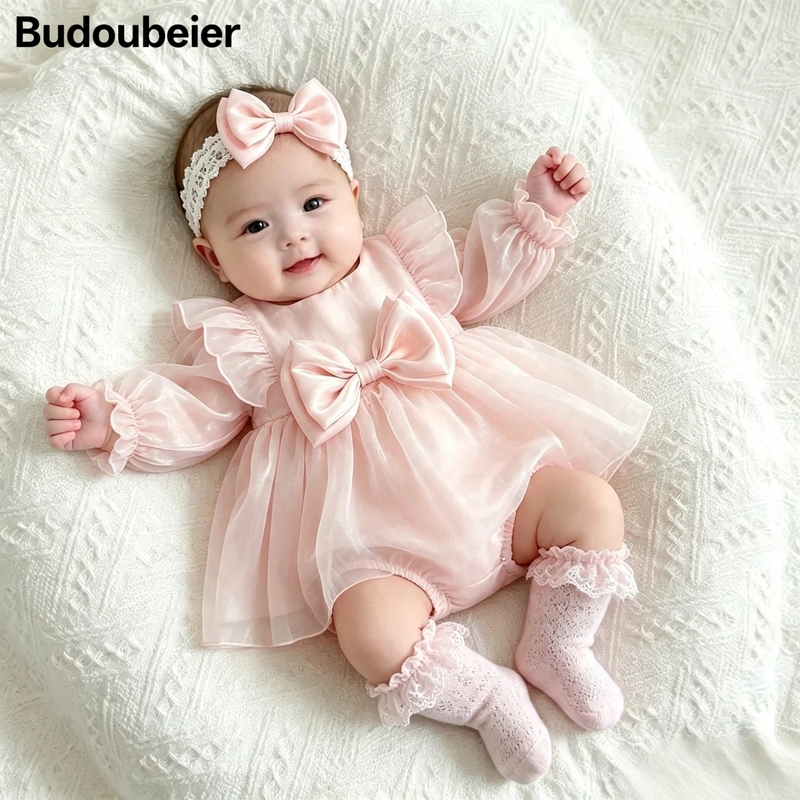 British Mesh Bow Romper Newborn Long-Sleeve Triangle Style Romper Dress Full Moon Hundred Days First Birthday Photo Dress