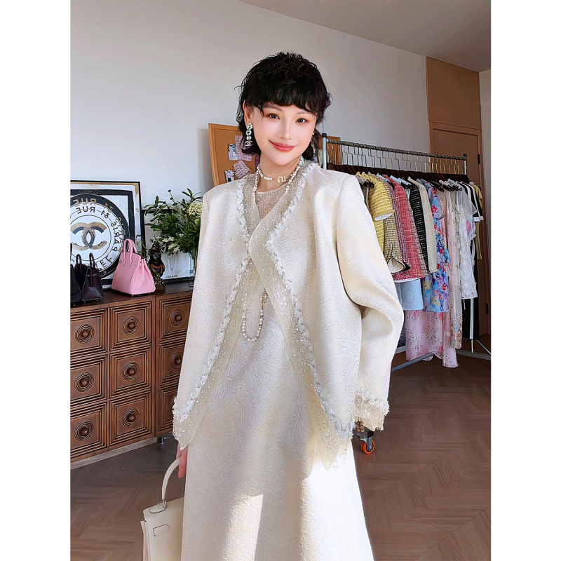 Mr Jiujiu Floating Flower Shadow_Heavy-Duty Gold Thread Rice Bead Sequins/Jacquard Gold Leather Fully Handmade Beaded Dress Coat