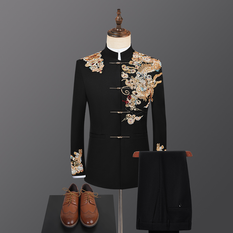Traditional Chinese Men's Clothing with Mandarin Collar, Airplane Buttons, and Gold Dragon Design, Suitable for Weddings, Groomsmen, and Formal Occasions