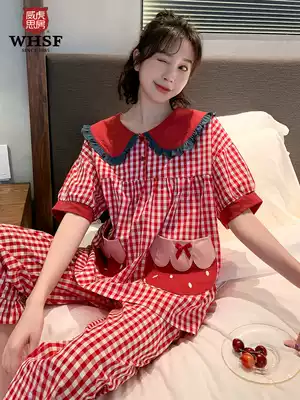 Pajamas women Summer cotton woven plaid Princess short sleeve Korean sweet cute red cotton home suit