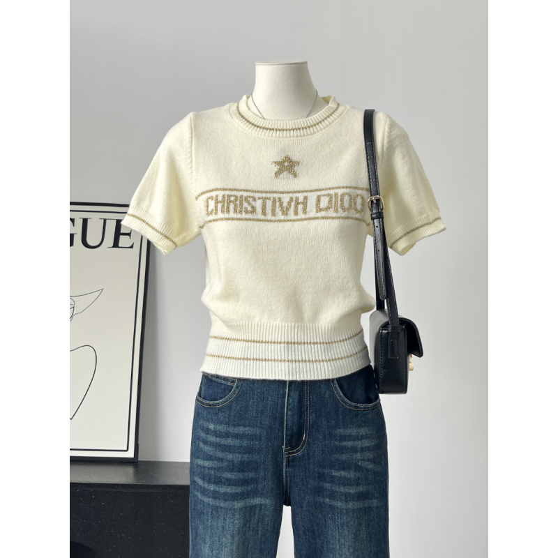 New Style Chanel-Inspired Five-Pointed Star Letter Jacquard Short-Sleeve Sweater with a Round Neck and Versatile Design Knitwear