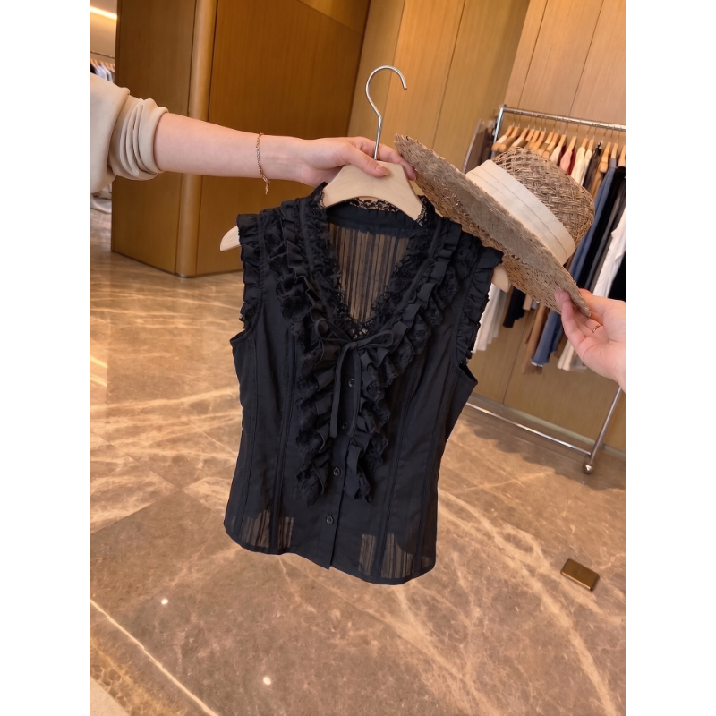 Painting-Themed Tencel V-Neck Shirt for Women, Summer Heavy-Duty Lace Splicing Ruffle Sleeveless Top