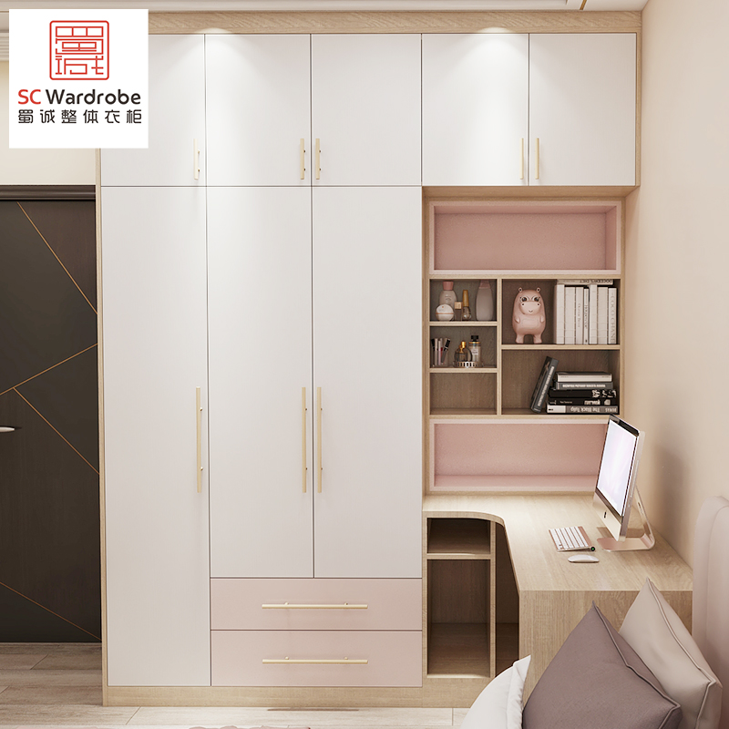 Shucheng whole house custom modern minimalist style swing door with wardrobe with bookcase desk bedroom space customization
