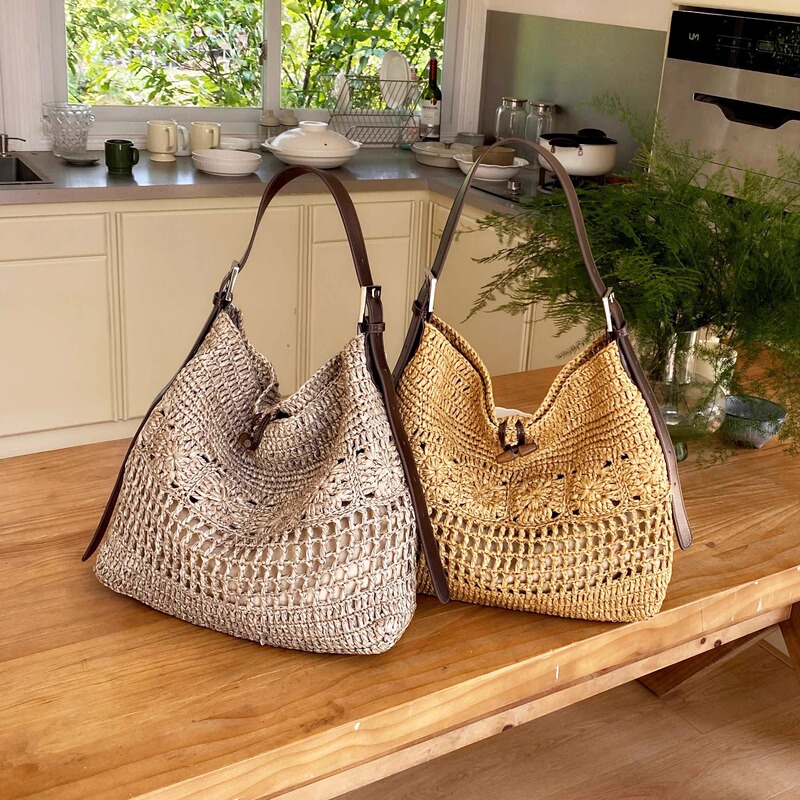 Handmade Crochet Raffia Woven Bag, Cowhide Large Bag, Large Capacity Tote Bag, Women's Vacation Style Beach Bag, Straw Woven Bag