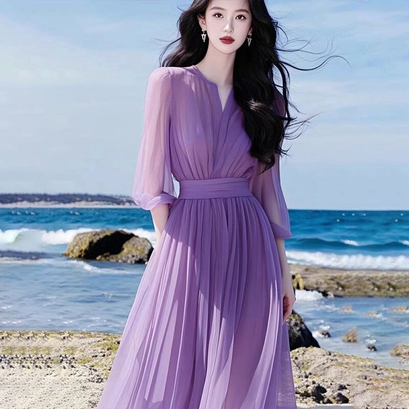 Spring and Summer Elegant Outfit, High-End, Exquisite, Light Luxury, Sophisticated, Dopamine, Seaside Vacation, Purple Chiffon Dress Spring and Summer Elegant Outfit, High-End, Exquisite, Light Luxury, Sophisticated, Dopamine, Seaside Vacation, Purple Chiffon Dress