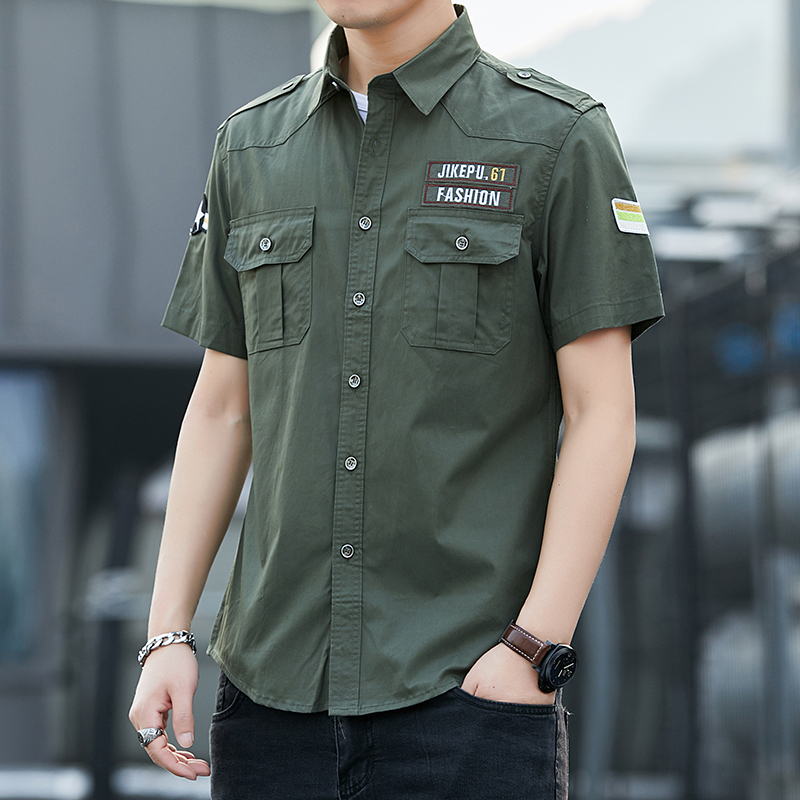 Summer New Embroidered Workwear Military Shirt with Pointed Collar, Printed Casual No-Iron Pure Cotton Printed Top, Short Sleeves