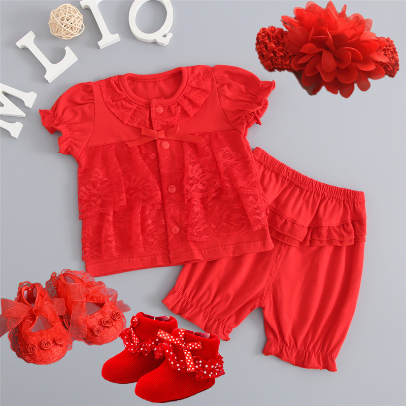 Newborn 0-3 Months Baby 5-Piece Outfit Bright Red Three-Piece Set Short-Sleeved Girl Baby Full Month Summer First Birthday Dress Newborn 0-3 Months Baby 5-Piece Outfit Bright Red Three-Piece Set Short-Sleeved Girl Baby Full Month Summer First Birthday Dress