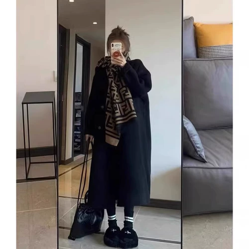 Шерстяной длинный пуховик, зимнее черное шерстяное пальто, средней длины, подходит для подростков, в корейском стиле