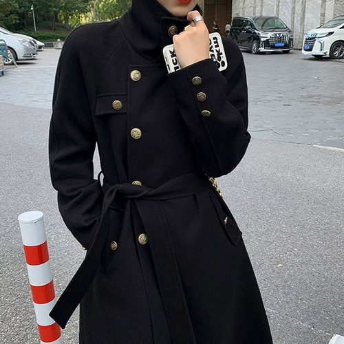 Зимний приталенный черный длинный корсет, шерстяное пальто, изысканный стиль, средней длины