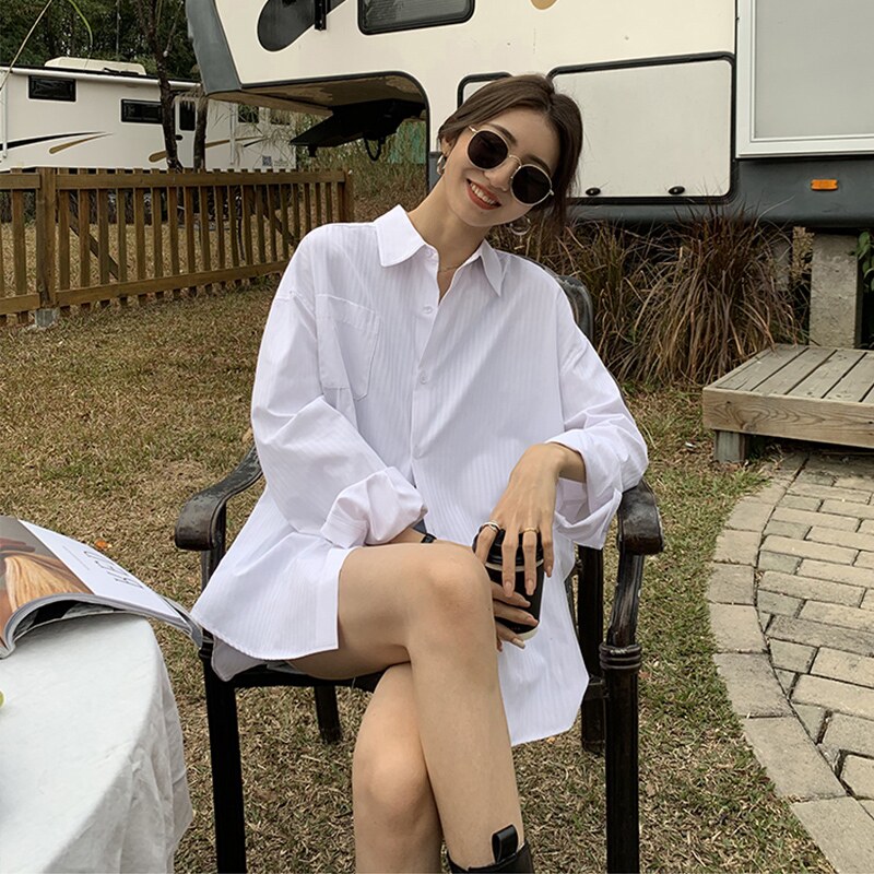 White Striped Shirt Woman Design Sensation Little Crowd 2021 Spring Autumn New 100 Hitch Slim Clear And Long Sleeve Blouse Shirt