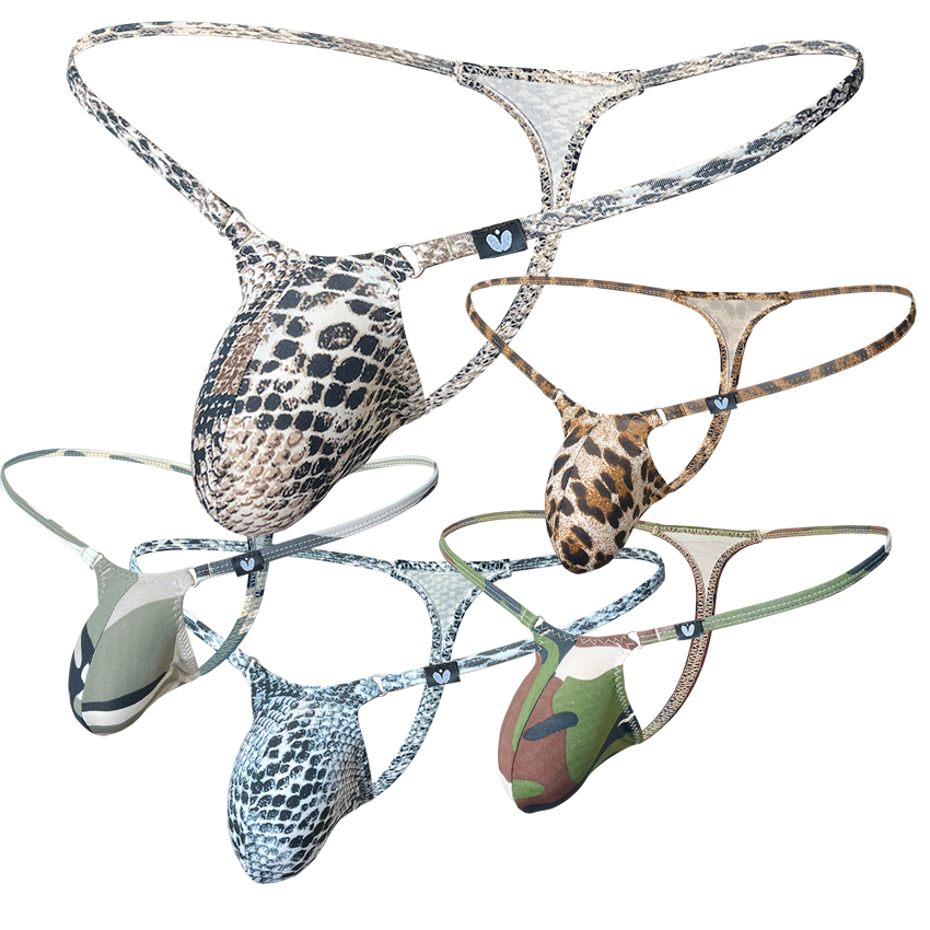 ヒョウ柄のセクシーなメンズローウエストポーチTバックプリントパーソナライズコットンストレッチTバック下着コンビネーションパック