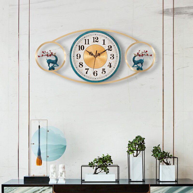 Light Extravagant Deer Head New Chinese Hung Clock Living Room Home Fashion Atmosphere Quartz Clock Creative Clock Modern Full Copper Timepiece
