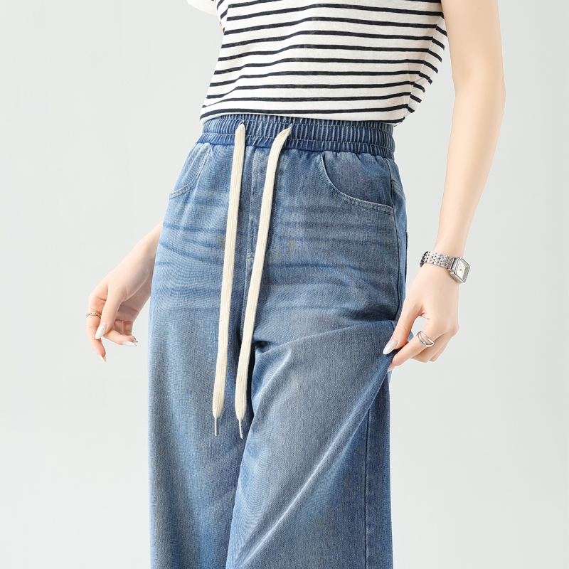 Plus-Size Four-Way Stretch Wide-Leg Jeans for Women, Summer Thin Narrow Version, Soft and Loose, Elastic High-Waisted, Drawstring Straight-Leg Pants