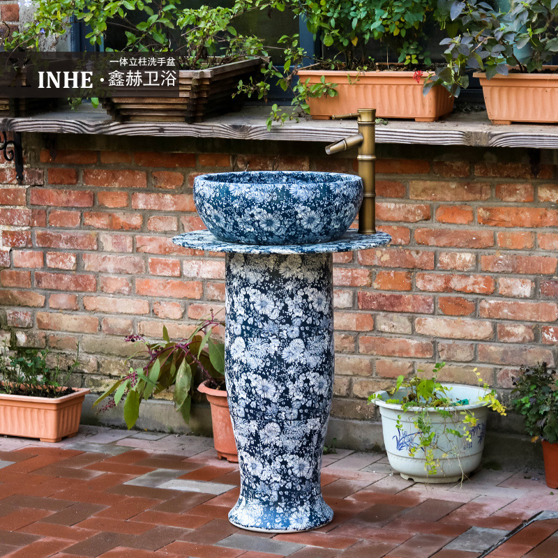 Lavabo blue - and - white ceramics basin of pillar type commode toilets art is suing bathroom floor column basin