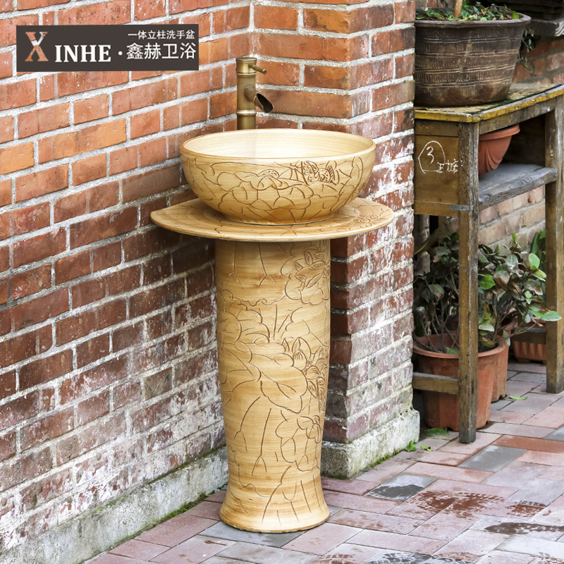 The sink basin art lavatory archaize ceramic pillar hand - carved lotus basin ground sink