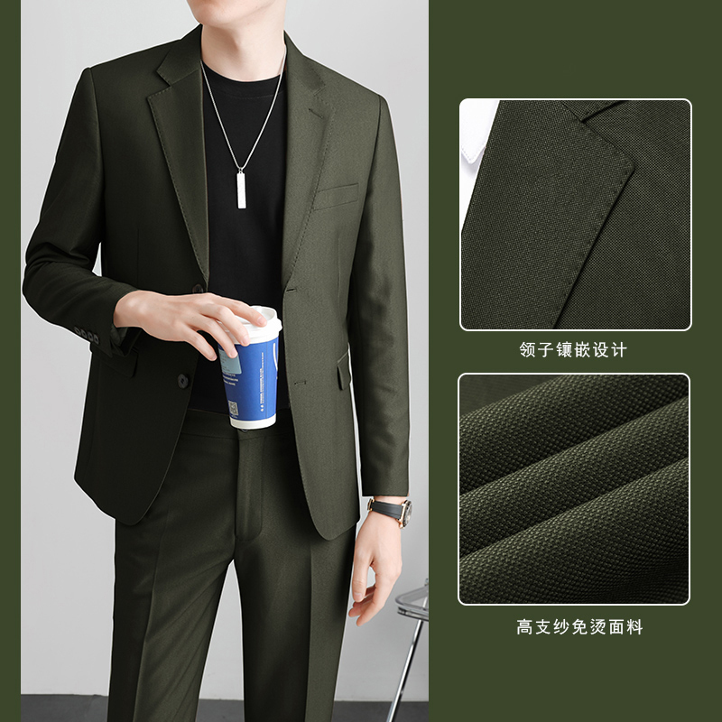 Woodpecker Casual Suit Set for Men, Slim-Fit Korean Style Jacket, Single Piece, High-End Gray-Green, Light Luxury, Cool and Stylish