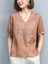 First line big card cut foreign trade lonellinen high-end brand womens clothing linen cotton linen short sleeve t-shirt womens cotton linen blouse summer