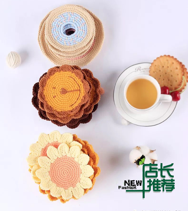 Sunflower lion donut 3 coasters Crochet illustration mat drawings Wool knitting handmade diy recommended