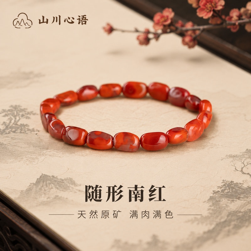 Mountain and River Heart Language Sichuan Material Southern Red Agate Bracelet for Men, Red Agate Jade Bracelet for Women, Irregular Beads, Persimmon Red Flame Pattern
