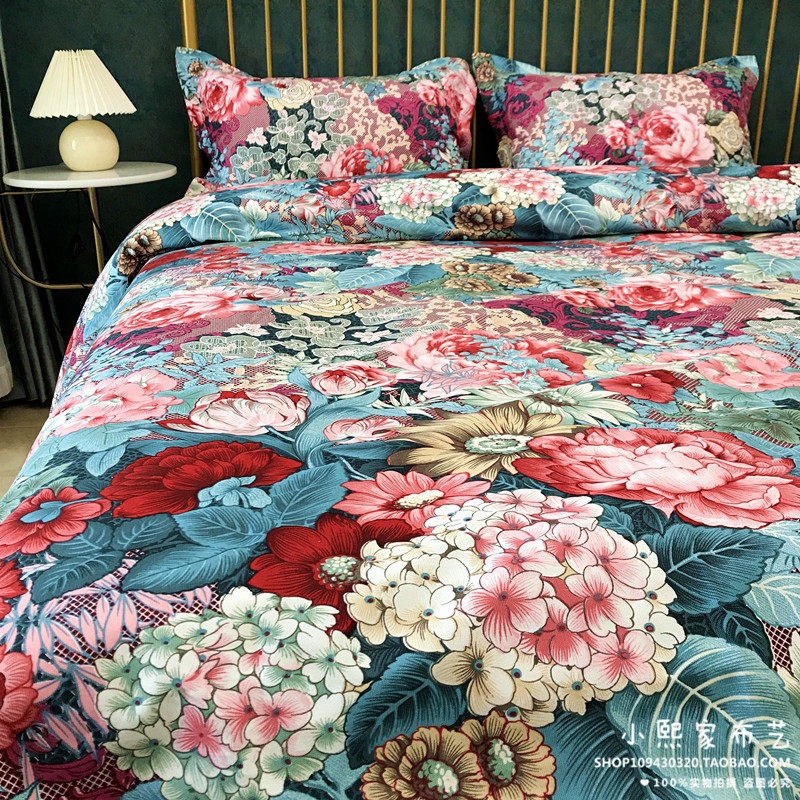 Tanyuan big flower thickened encrypted old coarse cloth full cotton cool mat bed sheet single piece pure cotton canvas material three sets not to be covered