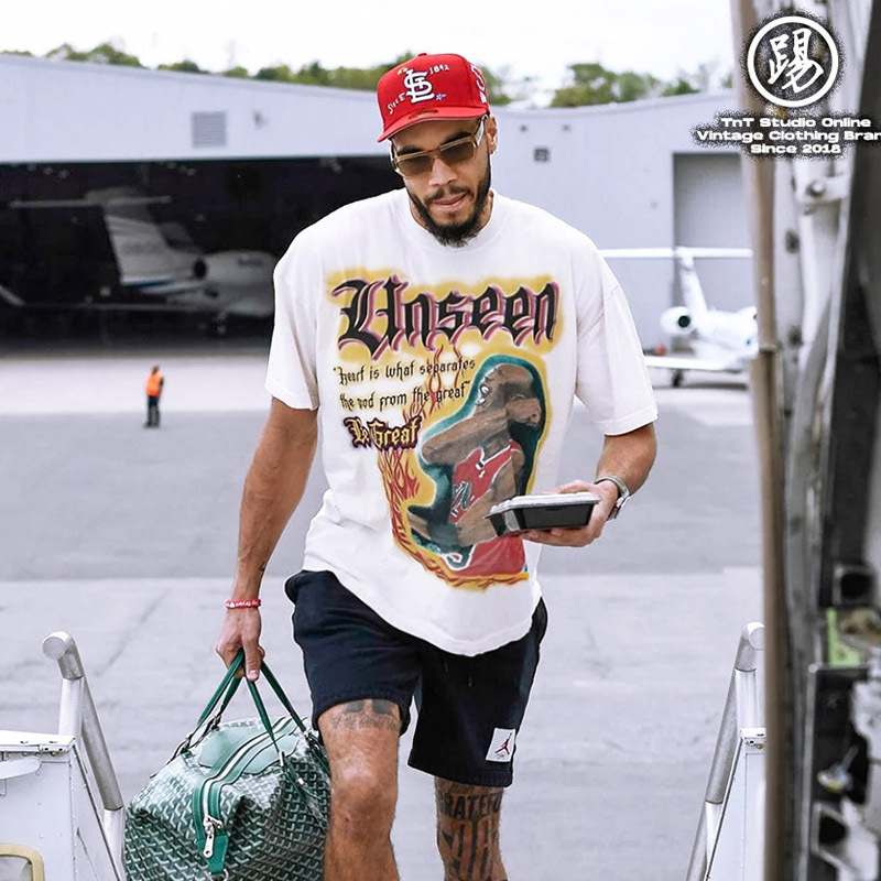 Kick En Kick Vintage Tatum Same Style Mj Graffiti Print Short-Sleeve American Street Style Small Neckline Loose Cotton T-Shirt