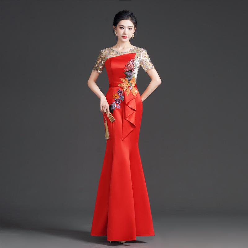 Chinese Style Fashionable Round Neck Sequin Evening Dress Red High-End Light Luxury Niche Banquet Host Mermaid Performance Dress Chinese Style Fashionable Round Neck Sequin Evening Dress Red High-End Light Luxury Niche Banquet Host Mermaid Performance Dress