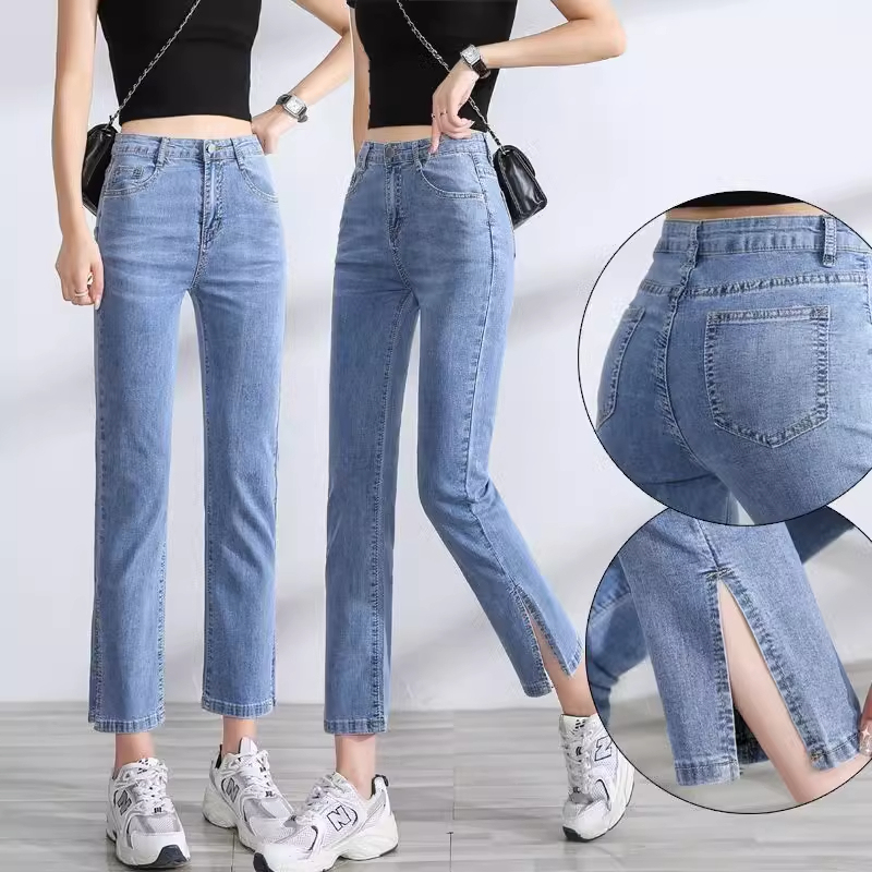 Women's Cropped Jeans, Summer Thin Style, Slit High Waist, Slimming, Stretchy, Narrow Straight-Leg, Petite Trendy Brand Cigarette Pants