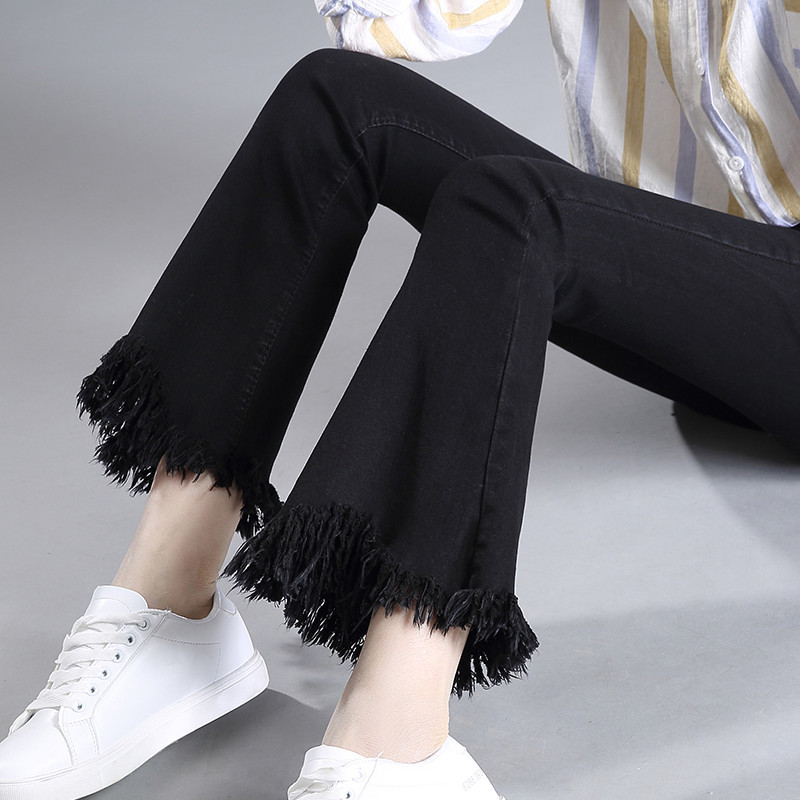 Flared Jeans for Women, Spring, Autumn, Winter, Black, High-Waisted, Slimming, Stretchy, Petite, Slit, Fringed, Fleece-Lined, Cropped Pants