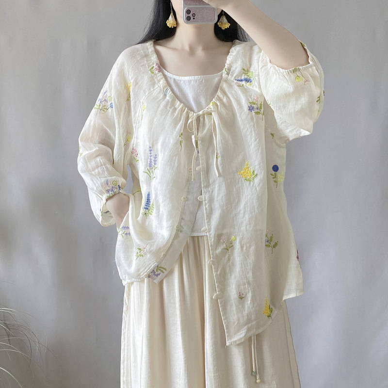 Summer Pure Ramie Fully Embroidered Loose Cardigan for Women, Thin Sun Protection Shirt, Fresh and Versatile Embroidered Shawl Outerwear Top