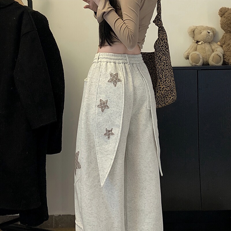 Sweet and Cool Spicy Girl Five-Pointed Star Patch Sports Sweatpants for Women, New Spring and Autumn Elastic Waist Drapey Straight Wide-Leg Casual Pants Sweet and Cool Spicy Girl Five-Pointed Star Patch Sports Sweatpants for Women, New Spring and Autumn Elastic Waist Drapey Straight Wide-Leg Casual Pants